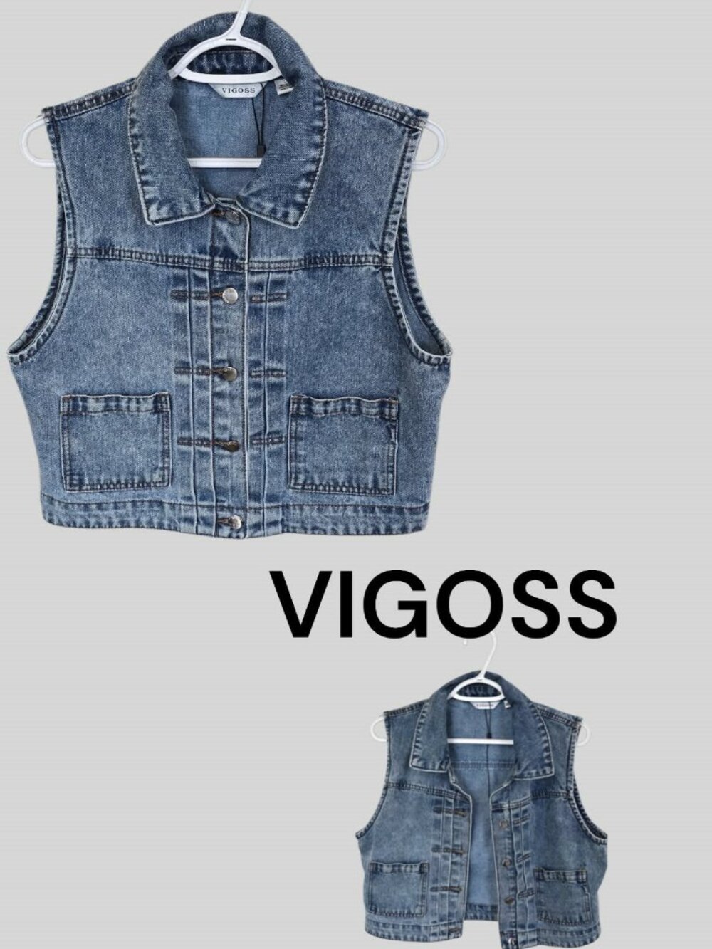 VIGOSS Medium Wash Cropped Denim Vasual Vest Jacket Cotton Blend Womens Large